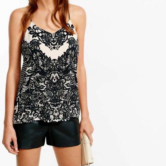 Express Tops - Express	| Lace Print Barcelona Cami Tank Top in Nude & Black | Size Small